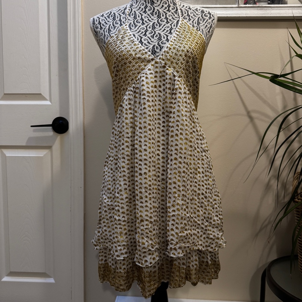 ANIMALE Gold and Cream Midi Dress